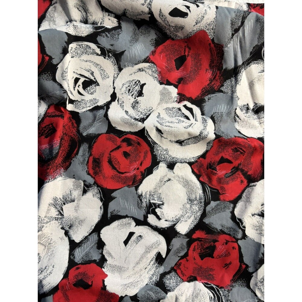 VTG Fabric Floral Rose Print Black With Red, White & Grey Gray Flowers 58”x 62”
